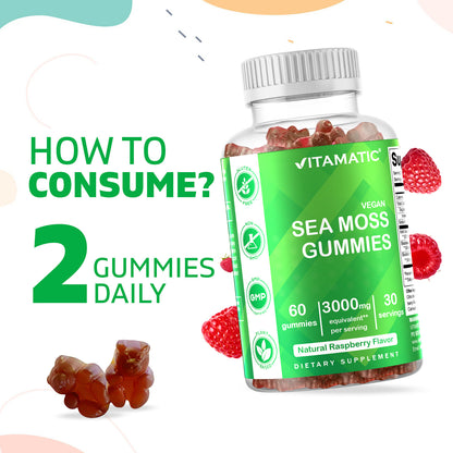 Irish Sea Moss Gummies - 3000 Mg - 60 Vegan Gummies - Made with Bladderwrack & Burdock Root - Seamoss Supplement for Thyroid, Energy, Immune Support